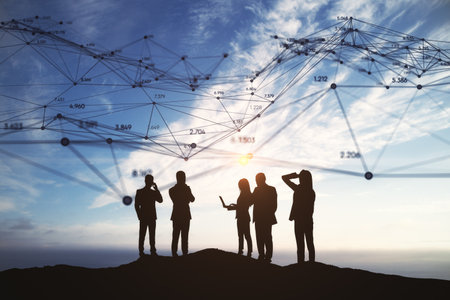 Black businesspeople silhouettes with abstract connection lines and indexes on dull sky backdrop. Communication, team, network and innovation conceptの写真素材