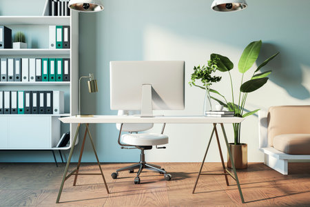Modern office interior with computer on desk, chair, shelf with binders, houseplants, and a comfortable armchair, with a window for natural light. 3D Renderingの写真素材