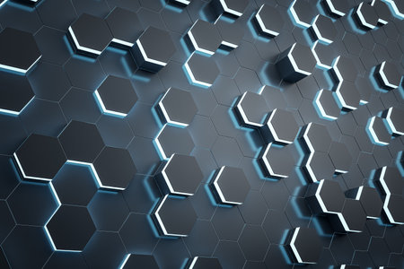 Creative dark hexagonal wall wallpaper. Landing page concept. 3D Rendering