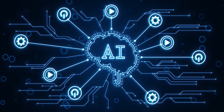 Creative glowing AI brain hologram and circuit on dark background. Artificial intelligence and...