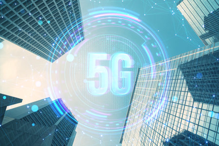 Creative glowing polygonal 5G hologram on blurry toned city backdrop. High-speed mobile Internet, new generation networks. Mixed media. Double exposureの写真素材