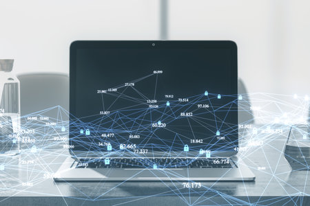 Close up of laptop on desk with creative polygonal mesh on blurry office interior background. Big digital data concept. Double exposureの写真素材