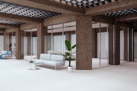 Bright wooden, concrete and glass meeting room interior and office corridor with furniture and...