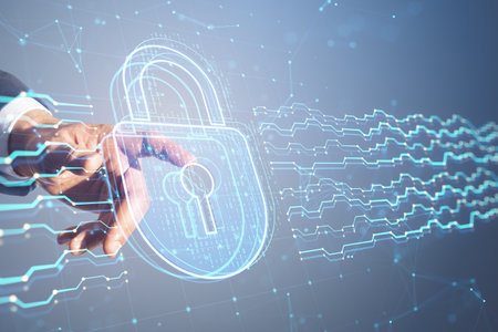 Close up of male hand pointing at glowing digital padlock hologram on blurry background. Safety and...