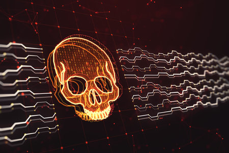 Creative skull and circuit hologram on blurry red backdrop. Malware and ransomware concept. 3D Renderingの写真素材