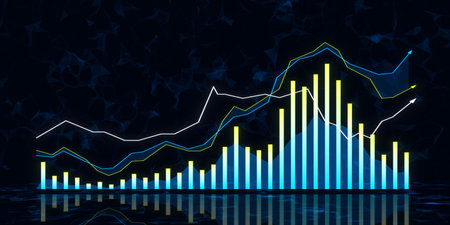 Abstract growing forex chart on dark background. Trade, finance and stock concept. 3D Rendering