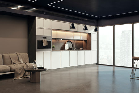 Contemporary luxury kitchen interior with window and city view. 3D Rendering