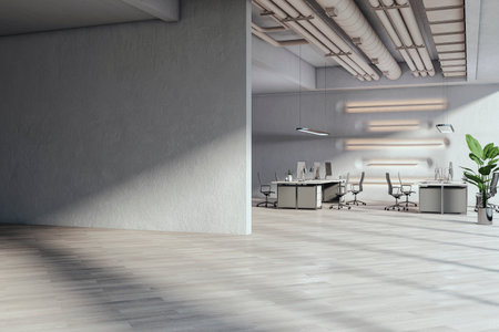 Clean coworking office interior with empty mock up place on wall, window and sunlight. 3D Renderingの写真素材