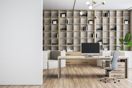 Modern wooden and concrete coworking office interior with mock up place on wall. 3D Renderingの写真素材