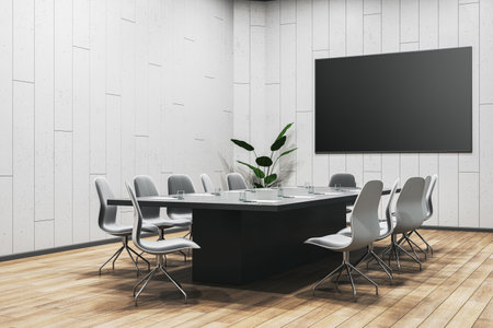 Modern meeting room interior with furniture and empty black mock up frame on wall. 3D Renderingの写真素材