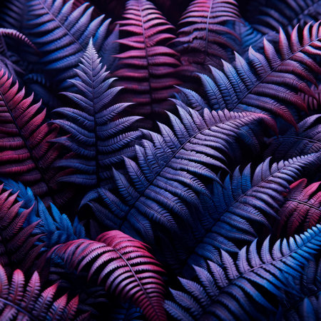 Close-up view of fern leaves with a vibrant blue and pink color gradient, set against a dark background, depicting a natural concept. Generative AIの素材