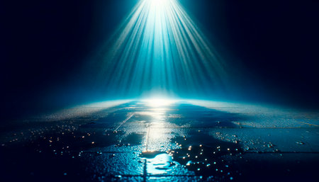 A dark, wet surface illuminated by beams of light from above, against a dark blue background, depicting a concept of hope or discovery. Generative AIの素材