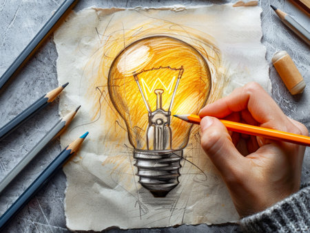 A hand drawing a lightbulb on paper, symbolizing innovation and creativity, set against a textured grey background. Generative AIの素材