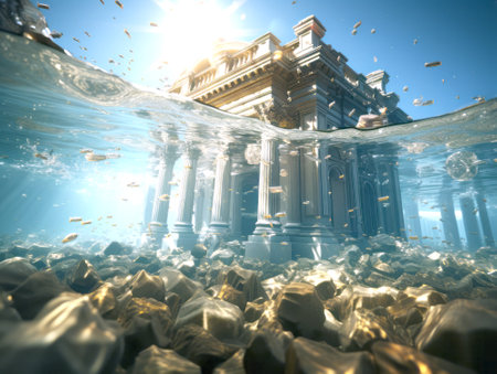 An underwater scene with a sunken classical building surrounded by debris, brightly lit, with a blue and gold tone, showcasing a concept of lost grandeur. Generative AIの素材