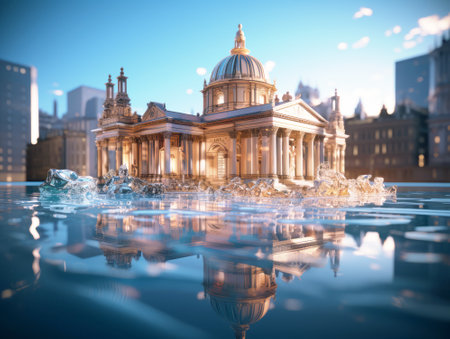An illustrious building submerged in water, with a cityscape background, reflecting a flood concept. Generative AIの素材
