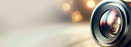 Close-up of a camera lens with a bokeh light background, emphasizing the concept of photography. Generative AIの素材