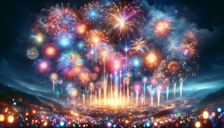 Vibrant fireworks display over cityscape at night, with an array of colors illuminating the sky and concept of celebration. Generative AIの素材