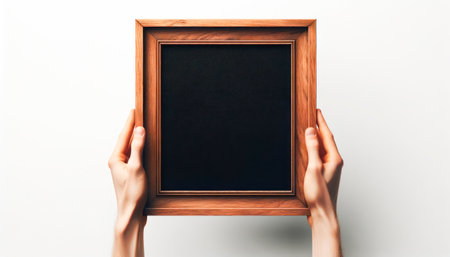 Hands holding a wooden picture frame against a white background, concept of art display, Generative AI. Generative AIの素材