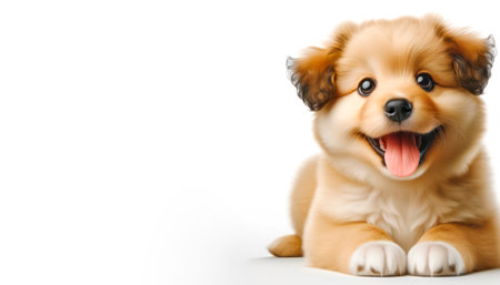 A happy animated puppy on a white background, depicted in a realistic style, concept of joy and pets. Generative AIの素材