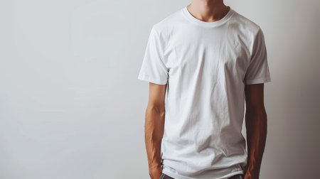 A person wearing a blank white t-shirt for mockup on a light background, ideal for branding presentation. Generative AIの素材