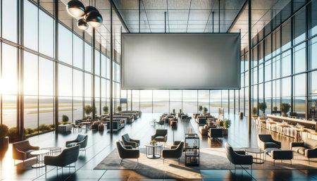 Luxurious lounge with large blank billboard, modern furniture, and panoramic windows overlooking a vast landscape. Generative AIの素材