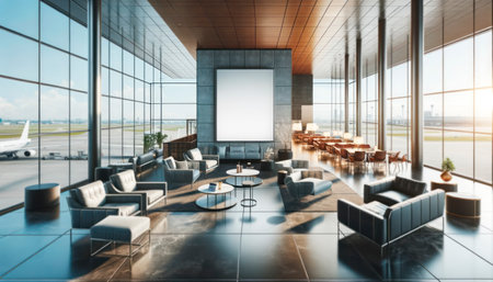 An airport lounge interior with seating and a blank billboard, modern design, large windows, and a view of airplanes outside. Generative AIの素材