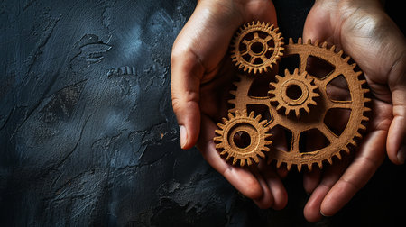 Hands holding wooden gears on a textured dark background, symbolizing teamwork and mechanics. Generative AIの素材