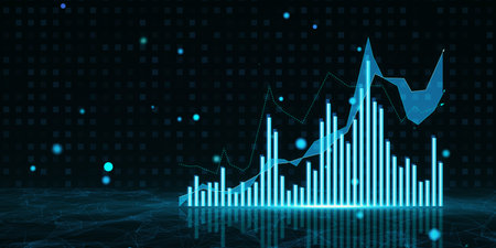 Creative growing blue forex chart on dark background. Trade, finance and stock concept. 3D Rendering