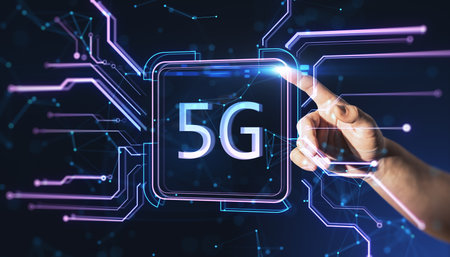 Close up of hand pointing at creative square circuit button hologram with 5G icon. Technology and mobile internet conceptの写真素材