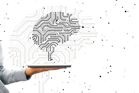 Close up of female hand holding smartphone with creative circuit brain hologram on white background...
