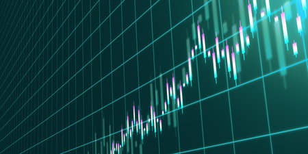 Creative growing candlestick forex chart on blue grid backdrop. Financial growth and stock concept. 3D Renderingの写真素材