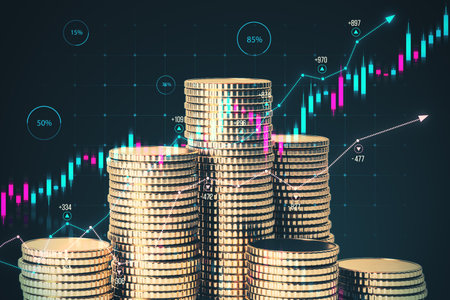 Creative growing forex chart and stacked golden coins on dark background. Trade, growing income and stock concept. Double exposureの写真素材