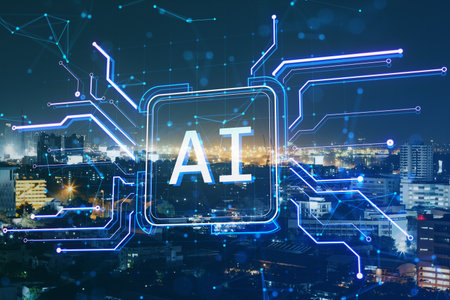 Creative square circuit button hologram with AI icon on blurry night city background. Technology and...