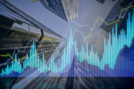 Creative growing candlestick forex chart on blurry city backdrop. Financial growth and stock concept. Double exposureの写真素材