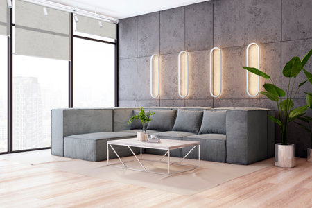 Contemporary living room with gray sofa, modern coffee table, decorative wall lights, and city view....