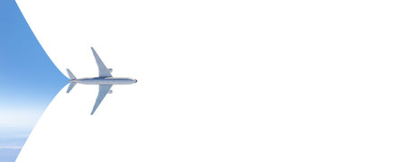 Creative airplane on wide bright city sky wallpaper with mock up place. Travel and ad banner. 3D Renderingの写真素材