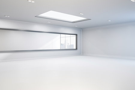 An empty white room with large window and city view, under bright lighting, concept of space and simplicity. 3D Renderingの写真素材