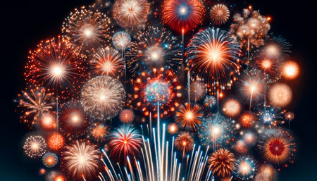 A vibrant fireworks display illuminates the night sky, showcasing bursts of various sizes and colors, symbolizing celebration. Generative AIの素材