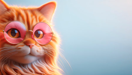 Close-up of a cat wearing pink round sunglasses on a soft blue background, with a whimsical feel. Generative AIの素材