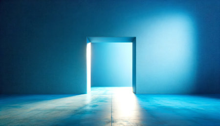 Illuminated open doorway, contemporary style, on a blue textured background, concept of opportunity. Generative AIの素材