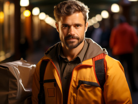 An attractive man with styled hair and beard, wearing an orange and grey jacket in a city scene at night. Generative AIの素材