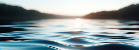 Calm water surface at sunset, blurred forest silhouette background, serene concept. Generative AIの素材