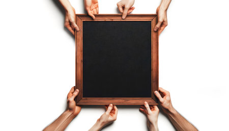 Multiple hands holding a wooden frame with a blank black space on a white background, concept of teamwork and creativity. Generative AIの素材