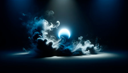 A glowing sphere surrounded by dynamic smoke swirls on dark background, illustrating a creative concept. Generative AIの素材