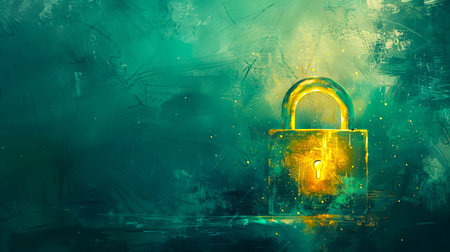 Golden padlock on a vibrant turquoise textured background, symbolizing security. Generative AIの素材