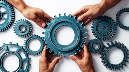 Multiple hands arranging blue gearwheels on a white background, symbolizing teamwork and collaboration. Generative AIの素材