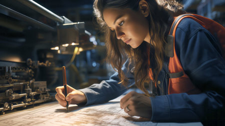 A woman engineer working on technical drawings in an industrial setting, realistic style, machinery background, concept of innovation. Generative AIの素材