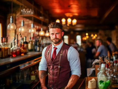 A male bartender in a vest standing behind a bar with bottles and glasses, warm interior lighting, pub atmosphere concept. Generative AIの素材