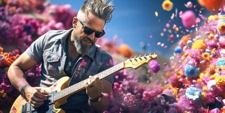 A man playing an electric guitar among vibrant flowers, with a sunny blue sky background, conveying a concept of musical creativity. Generative AIの素材
