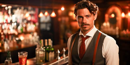 A stylish man in vintage bartender attire posing at a classy bar with bokeh lights, embodying a timeless elegance concept. Generative AIの素材